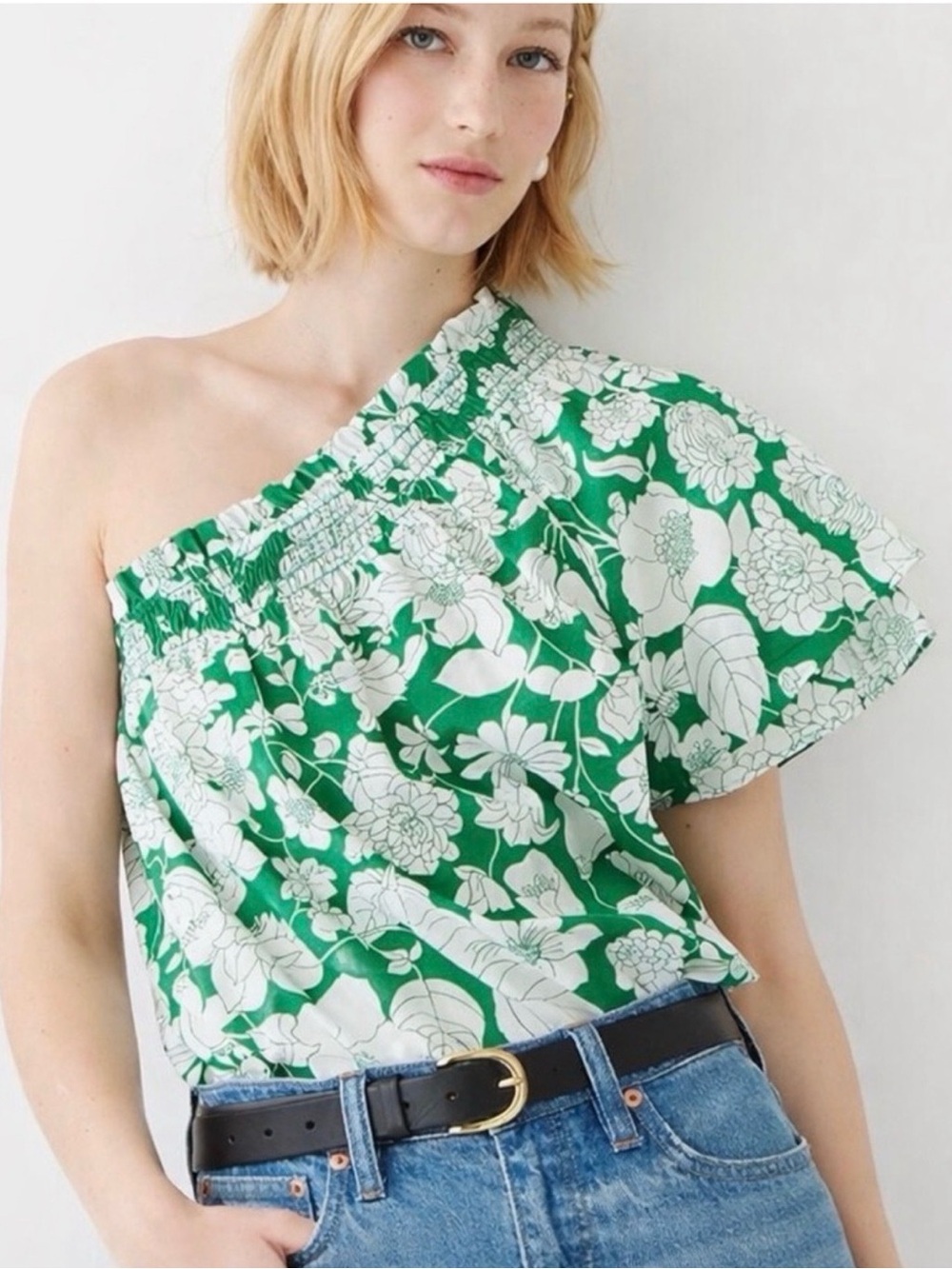 J. Crew Green and White One-Shoulder Floral Top